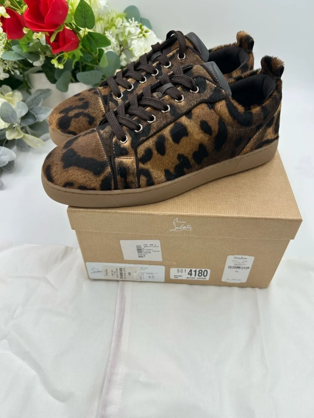 Men's Christian Louboutin Louis Jr leopard effect low top sneakers size 42